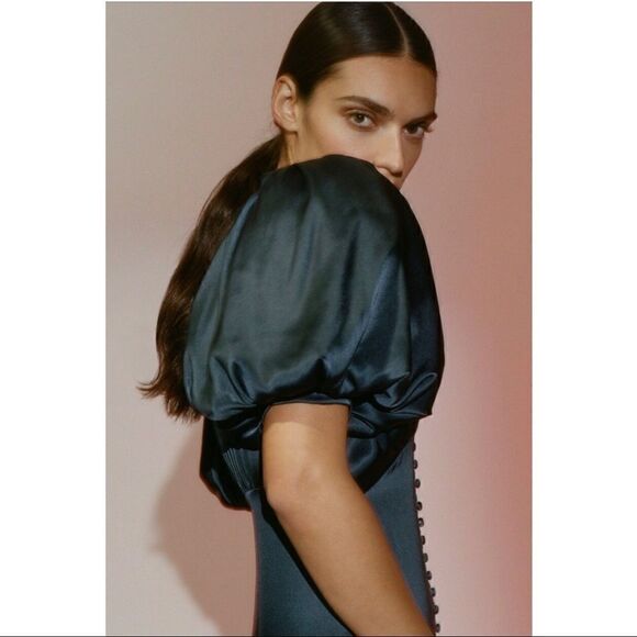 NEW Anthropologie Magali Pascal Black Puff-Sleeve Shimmer V-Neck Dress Medium - Picture 3 of 4